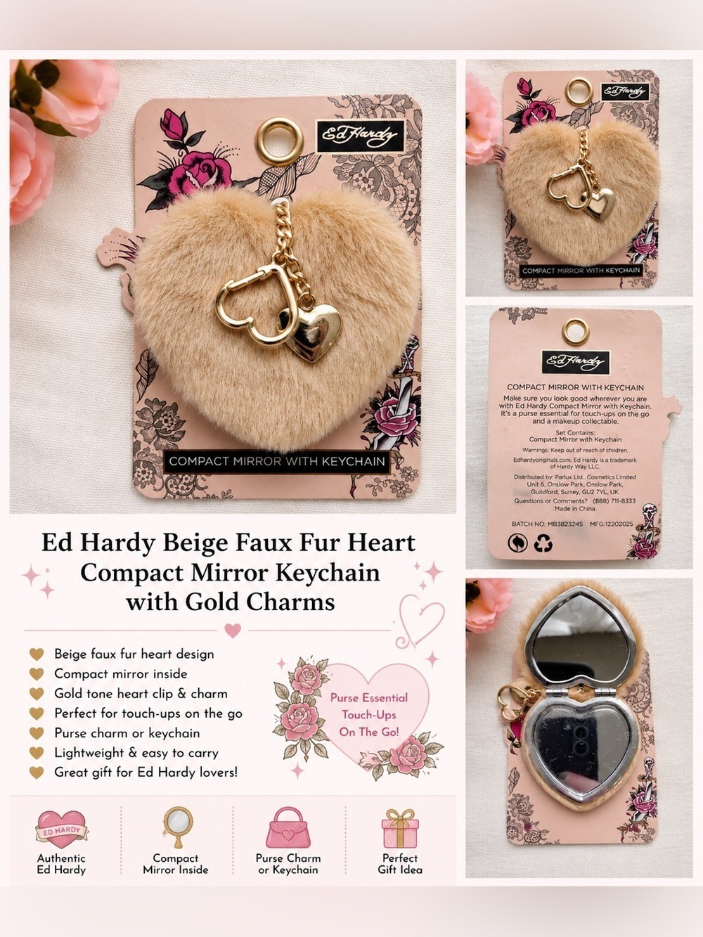 Ed Hardy Faux Fur Heart Compact Mirror Keychain Gold Charm Y2K NWT - Picture 1 of 5